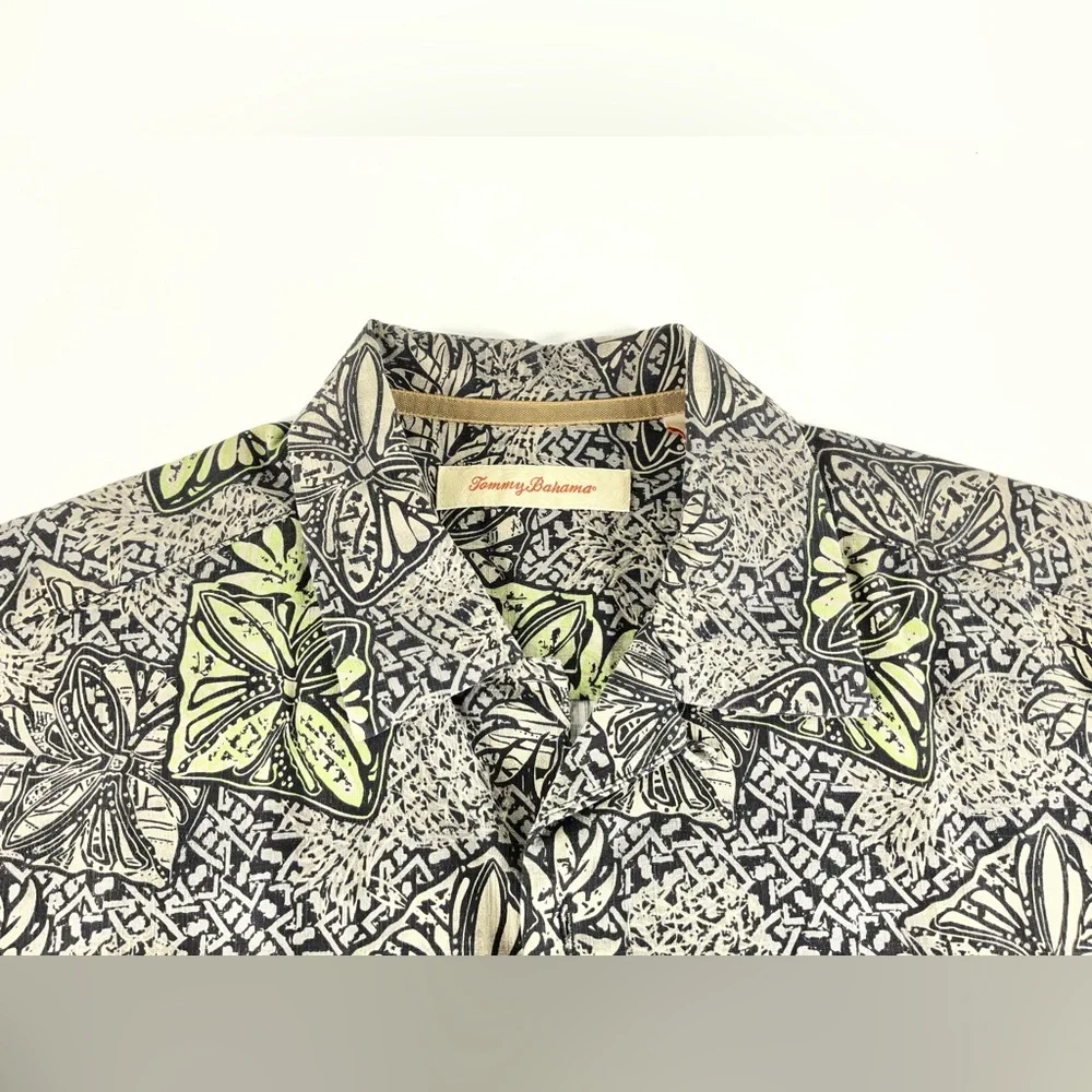 Tommy Bahama 100% Silk Hawaiian Shirt Mens Small Green Gray Tropical‎ Camp Shirt